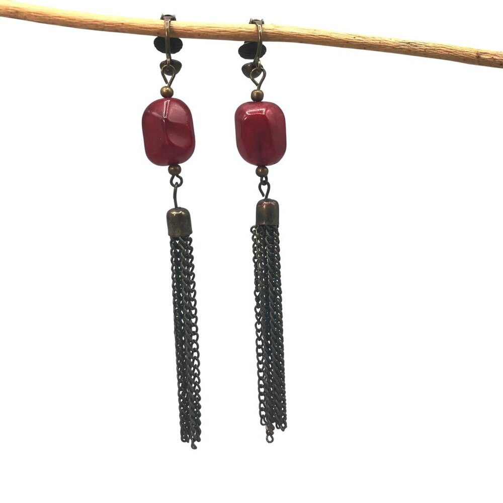 Vintage Red and Bronze Tassel Earrings, Clip On Fringe, Shoulder Duster